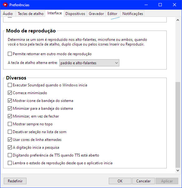 Configurações de Interface do Soundpad