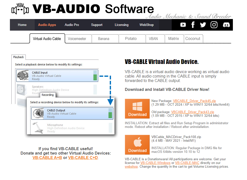 Página de Download do Virtual Audio Cable