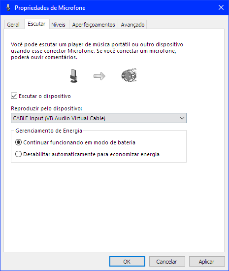 Escuta do Microfone Real para CABLE Input