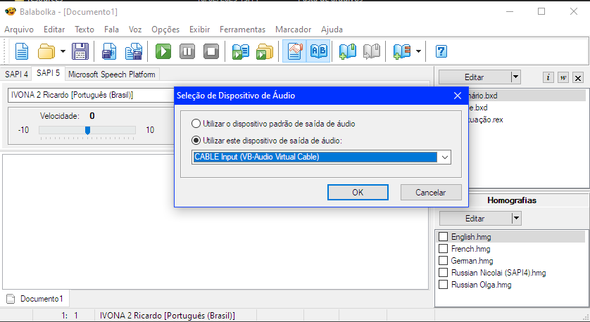 Configuração de Saída de Áudio no Balabolka