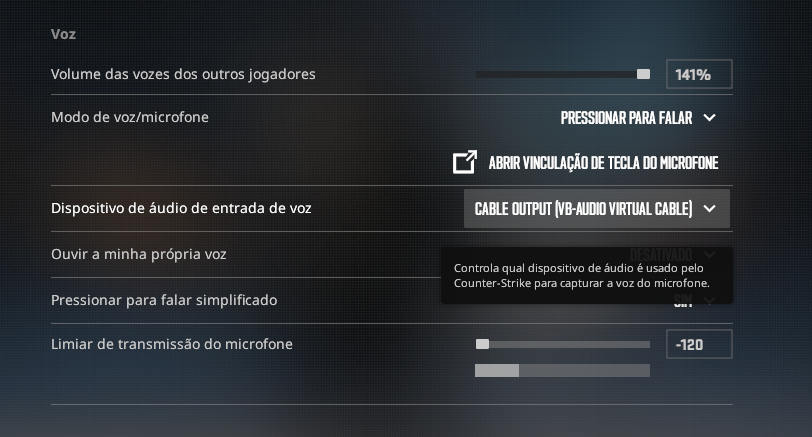 Definindo CABLE Output como Microfone Padrão